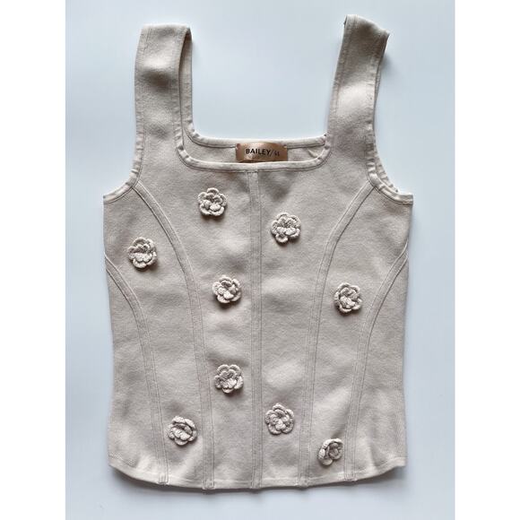 Bailey 44 Beige Knit Square Neck Bodycon Sweater Tank Crochet Flowers Size XS - Picture 1 of 7